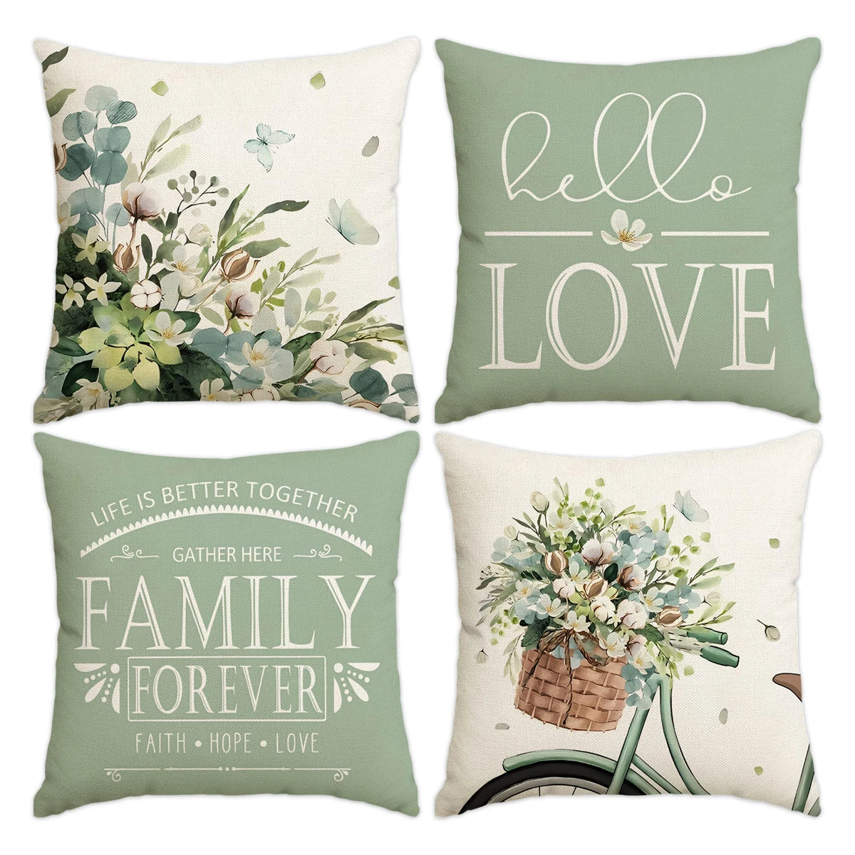 housse coussin carré motif floral vert clair beige rustique polyester lavable glissière invisible 45cm