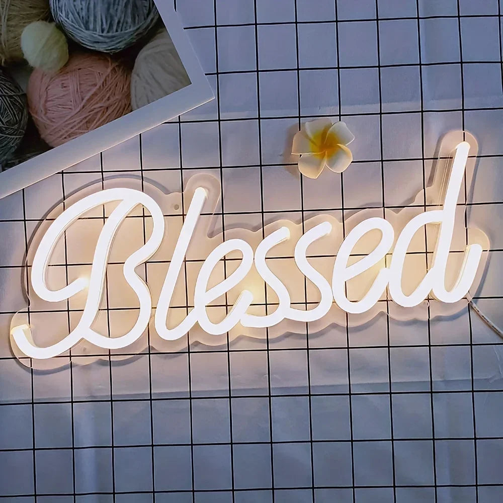 lampe néon blanc letters blessed moderne acrylique deco intérieur fixation mur chambre festive