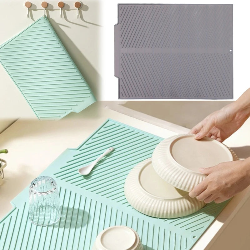 tapis silicone non glissant moderne vert clair rayures diagonales vaisselle assiettes cuillères pots verres