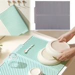tapis silicone non glissant moderne vert clair rayures diagonales vaisselle assiettes cuillères pots verres