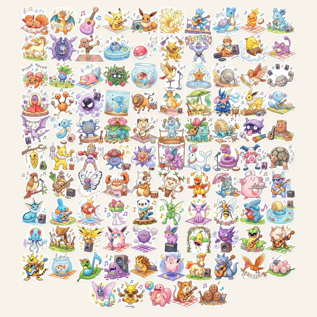 sticker anime pokemon kawaii musiquesommer watercolor enfants ado adultes 105pieces orange bleu rose vert