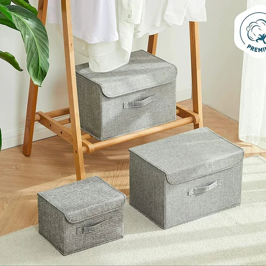 boîte rangement pliable tissu lin gris beige couvercle poignées vêtements