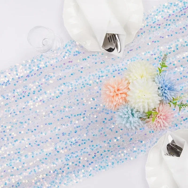 chemin table paillettes blanc bleu clair argent decoratif mariage anniversaire decoration festive halloween noel