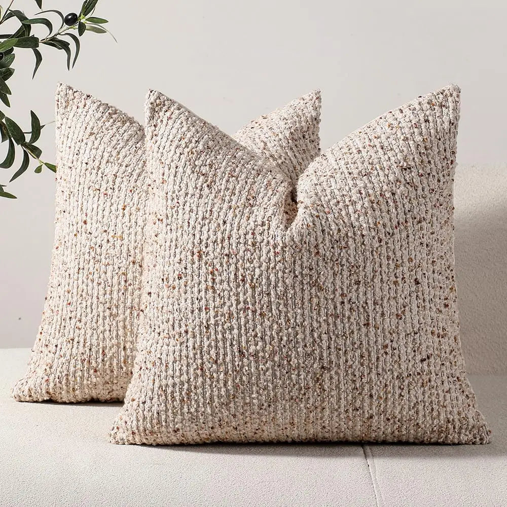 lot housses coussin carrées beige texture boucle rustique décoratif