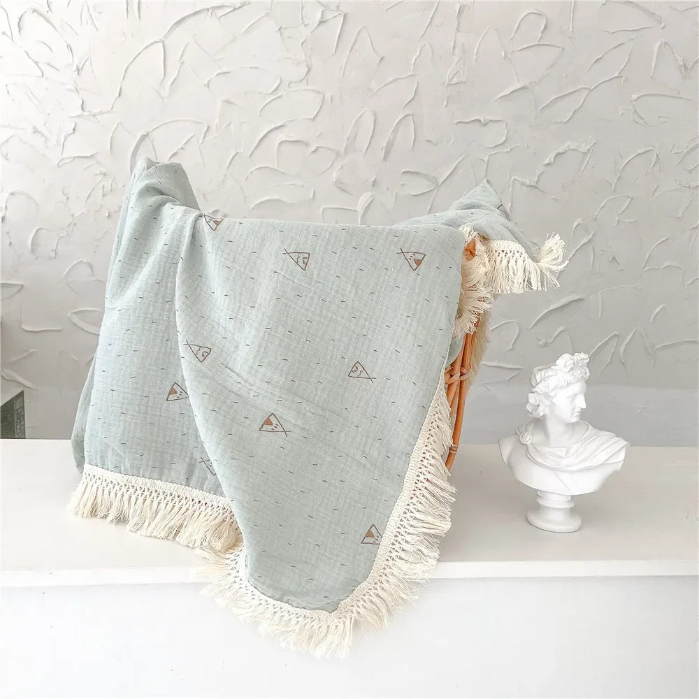 couverture bébé coton rayures pois étoiles lunes fleurs blanc beige rose gris franges anneaux