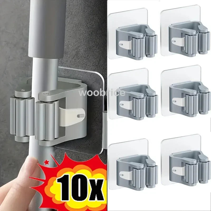 porte balai adhésif support murale rangement moderne salle bain outils nettoyage hooks gris clair
