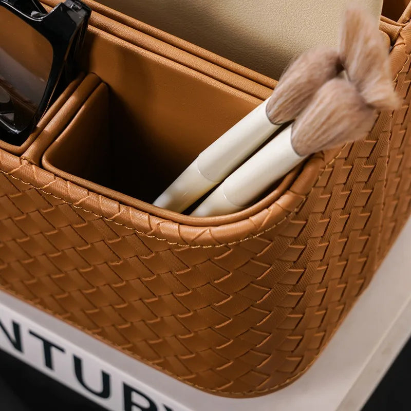 boîte rangement rotative cuir tressé marron gris moderne cosmétiques lunettes écouteurs pochette brosse maquillage