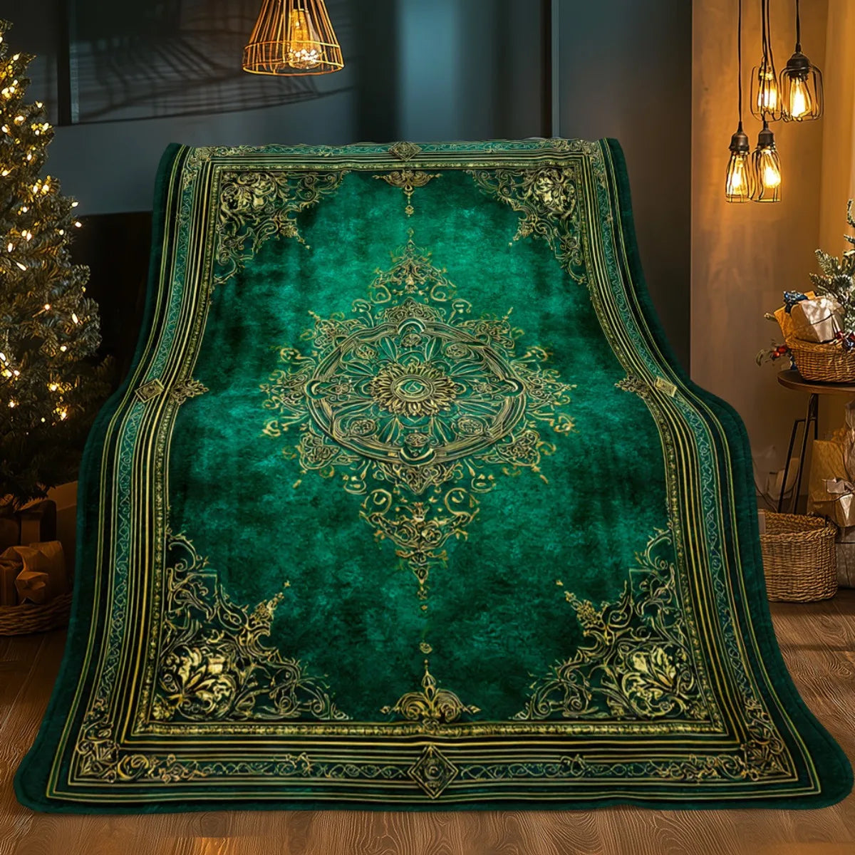 couverture velours vert émeraude broderie dorée motif floral boho chic canapé décoration hiver