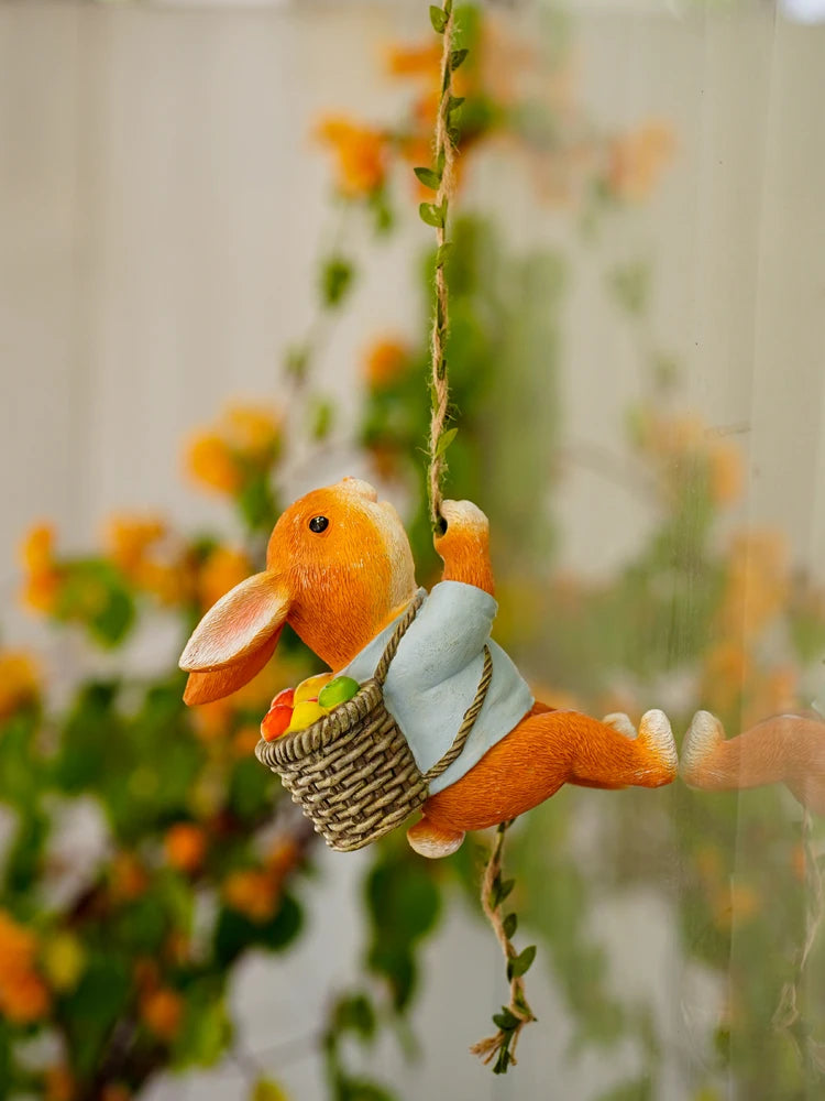 figurine lapin résine orange blanc peluche panier pommes décoration intérieure extérieure balcon jardin