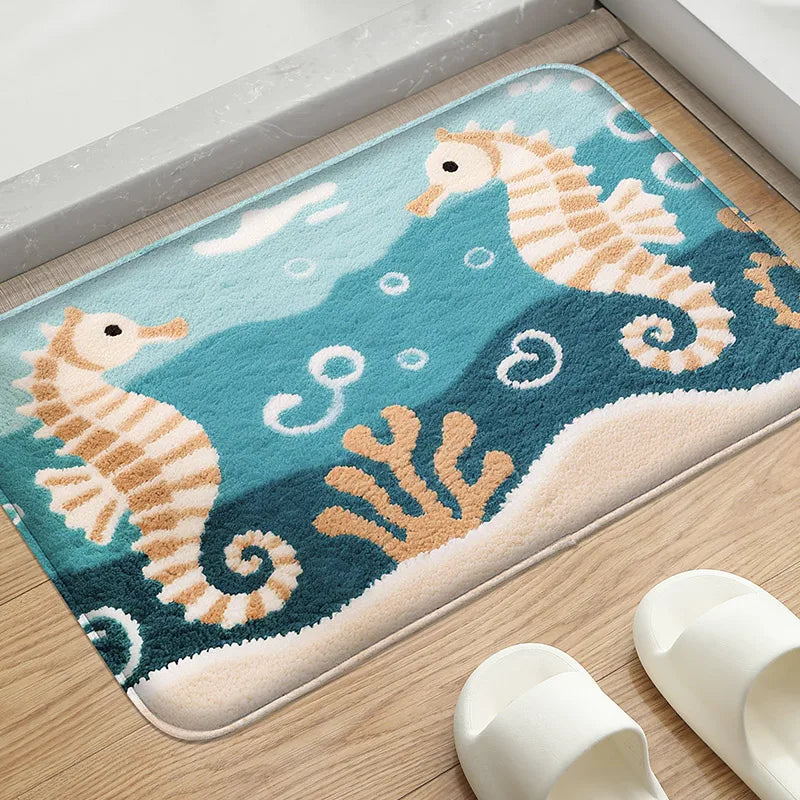 tapis sol salle bain moderne motif marin hippocampes bleu beige blanc absorbant'eau