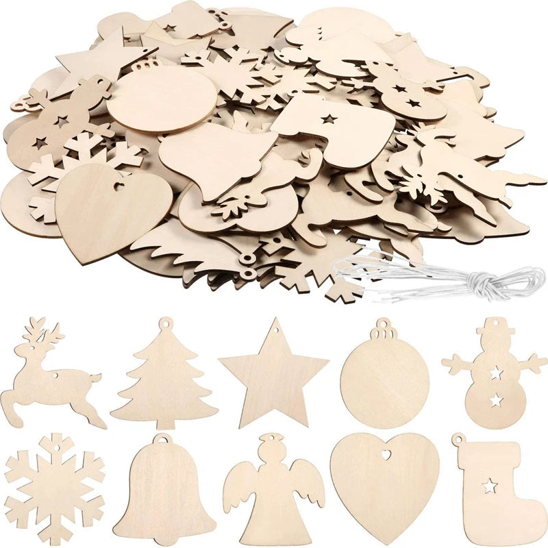 Ornements de Noël en bois non fini avec corde de suspension détaillée