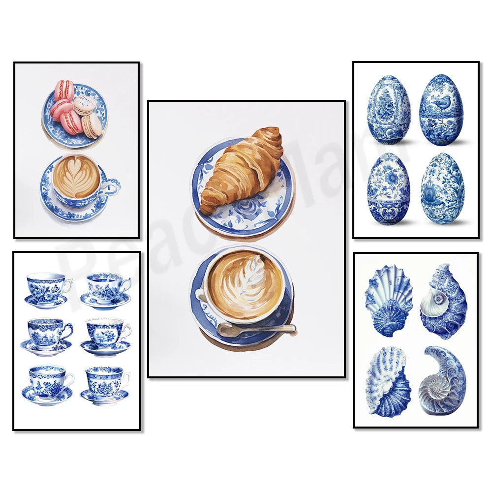 Composition de photos montrant différents plats, tasses et objets décoratifs bleu et blanc dans un style élégant et raffiné.