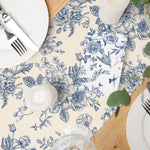 chemin table lin fleurs bleues toile jouy decoration maison beige opaque
