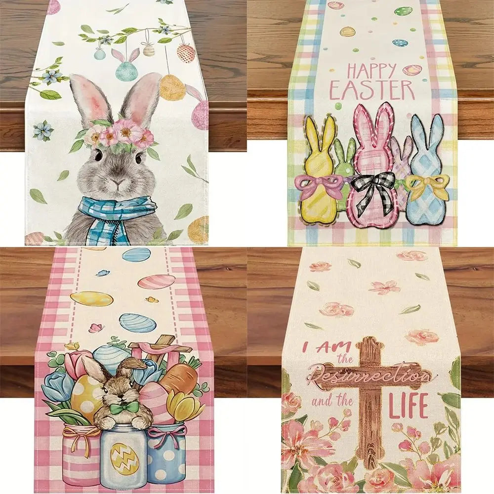 table pâques rectangle polyester fleurs lapins œufs happy easter beige blanc festive pastorale