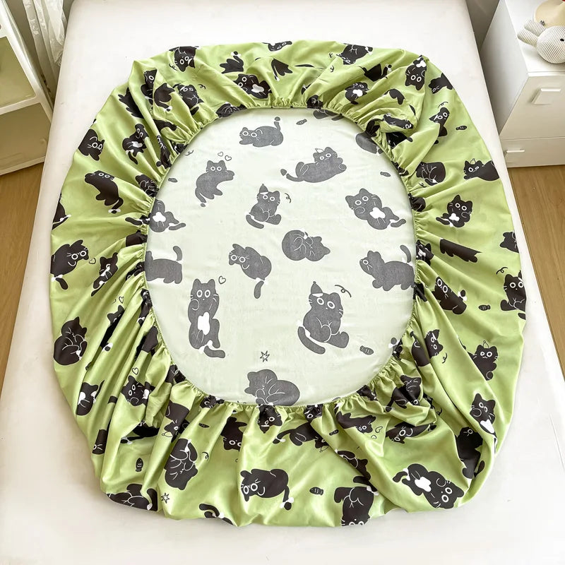 drap housse imprimé chats noirs fond vert clair élastique oreiller coussin enfant moderne doux