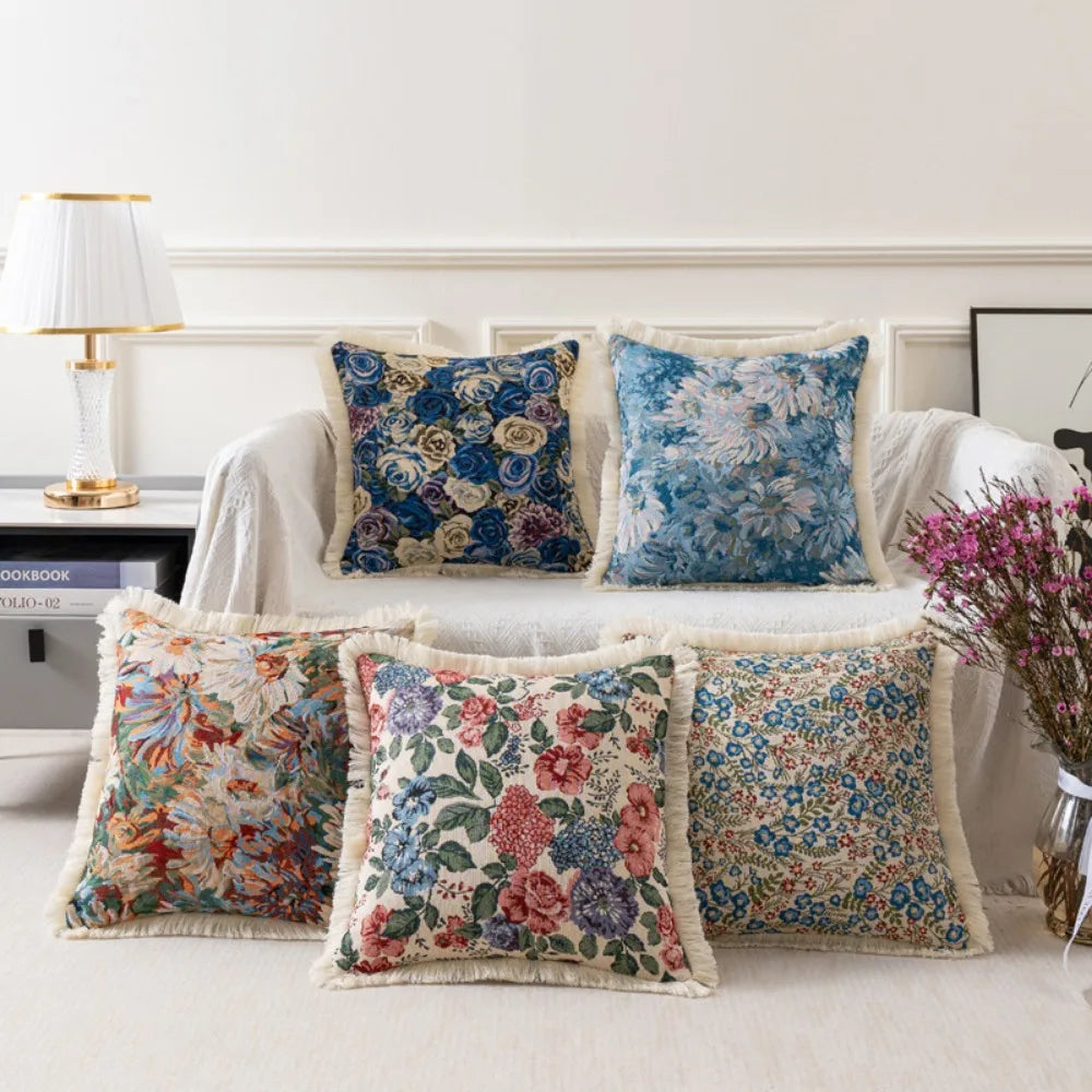 taies d'oreiller jacquard vintage motif floral multicolore coton polyester adhésif lit maison