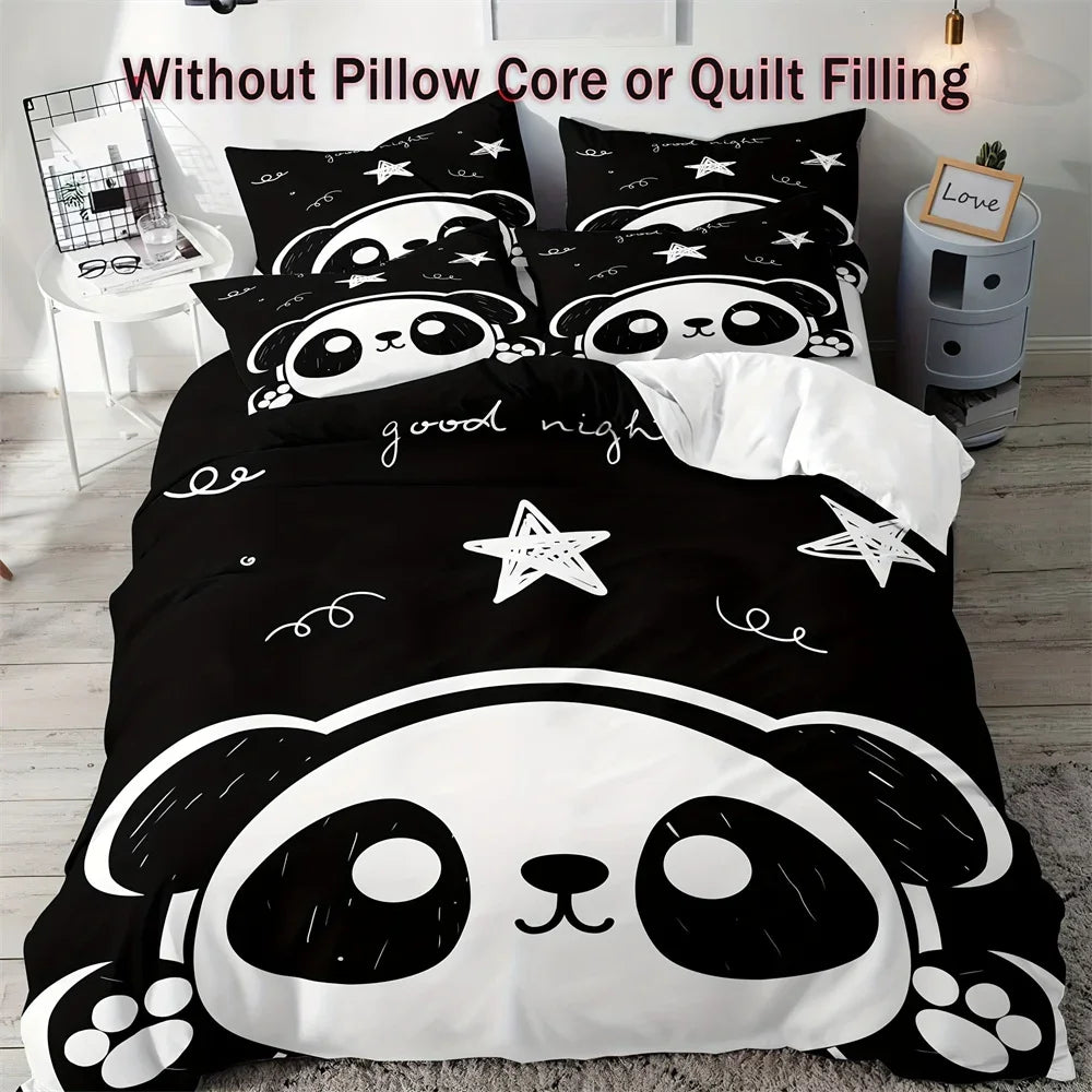 ensemble literie panda noir blanc housse couette deux taies d'oreiller moderne enfantin good night