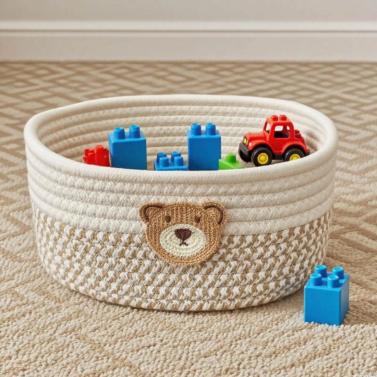 panier rangement tissé motifs géométriques beige moderne rustique jouets savon bain chambre enfants