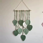 tapisserie murale coton feuilles stylisées vert blanc beige bohème moderne fixations decoration mur hanging
