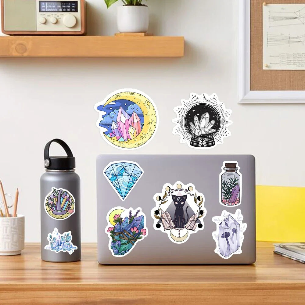 sticker illustration artistique violet bleu blanc fleurs lunes géométrique adhésif transparent portable téléphone ordinateur