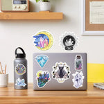 sticker illustration artistique violet bleu blanc fleurs lunes géométrique adhésif transparent portable téléphone ordinateur