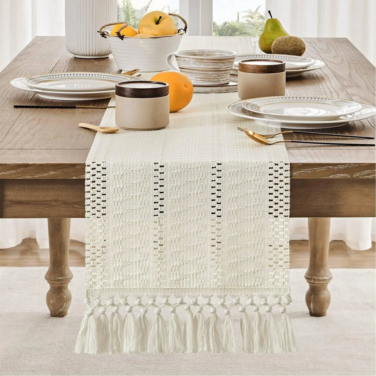chemin table coton géométrique franges beige rustique décoration intérieure bohème farmhouse