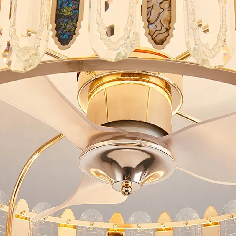 lampe suspendue moderne élégante cristal brillant télécommande dorée led fixée ventilateur