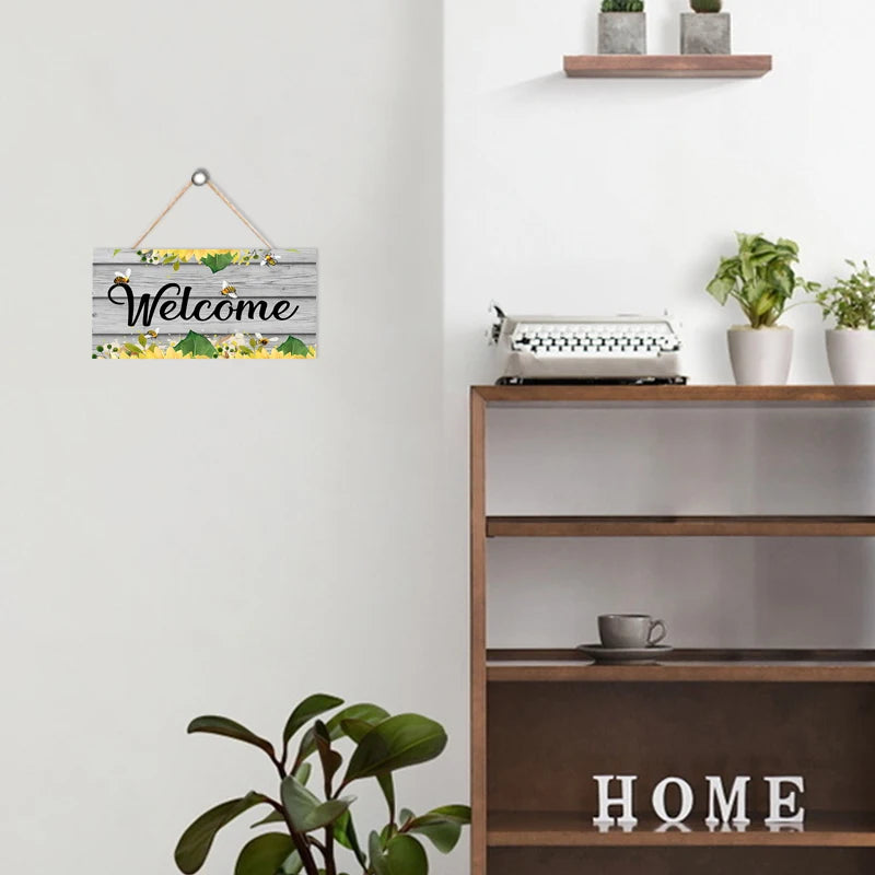 décoration murale bienvenue bois vieilli fleurs abeilles rustic vintage chambre salon entrée