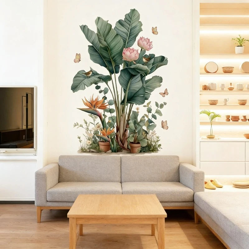 autocollant mural végétal fleurs papillons vintage naturel translucide décoration muriale maison porte