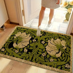 tapis sol art nouveau fleurs blanches vert foncé noir beige antidérapant polyester moderne