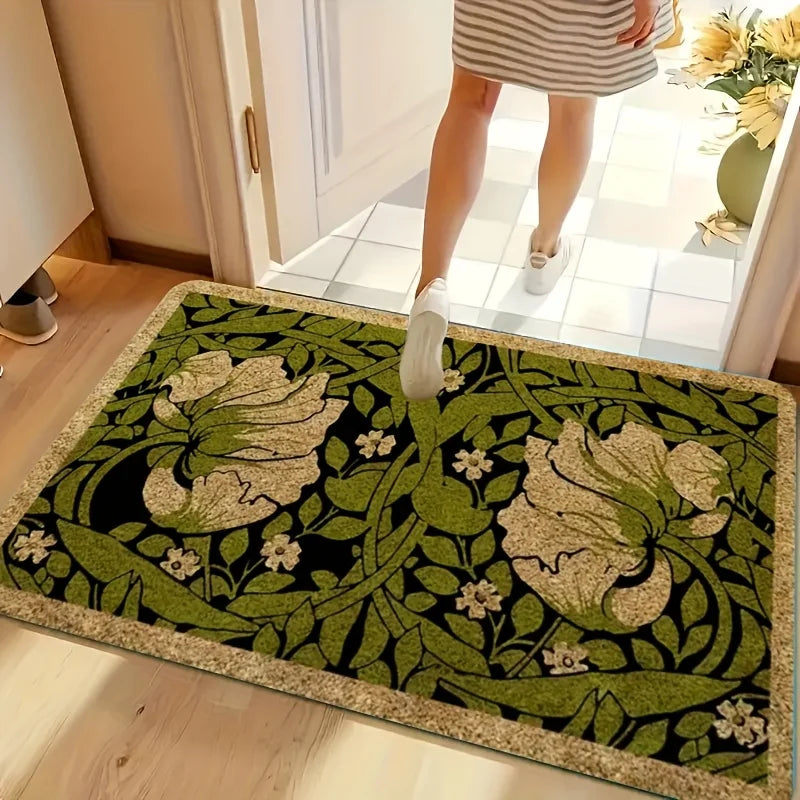 tapis sol art nouveau fleurs blanches vert foncé noir beige antidérapant polyester moderne