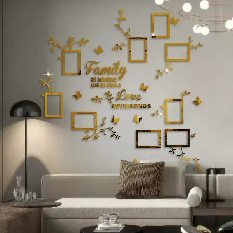 cadres photo murales adhésives modernes branches papillons texte famille argent doré noir