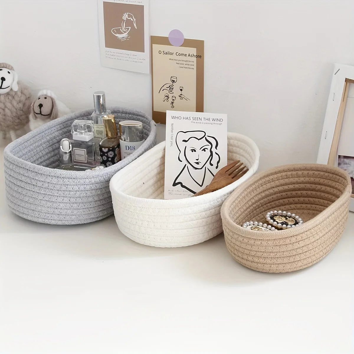 panier rangement tissu tressé pliable jouets cosmétiques maison gris blanc