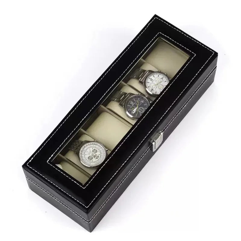 boîte montres simili cuir noir beige verre transparent classique cadenas organisation collection homme