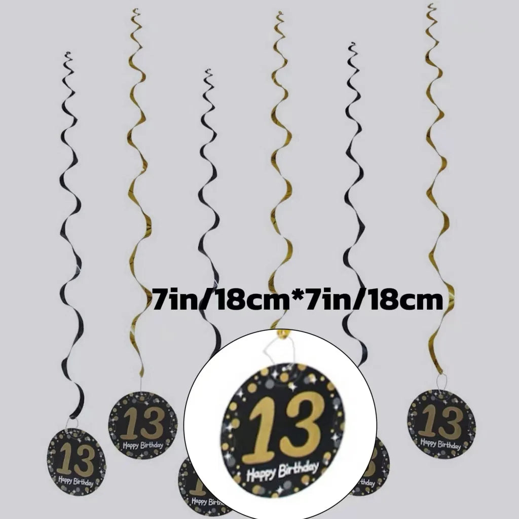 décoration suspendue anniversaire moderne numéros 13 16 18 21 noir points dorés festive