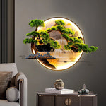 lampe murale décorative paysagère artisanale vert bleu beige doré montagnes arbres eau nuages