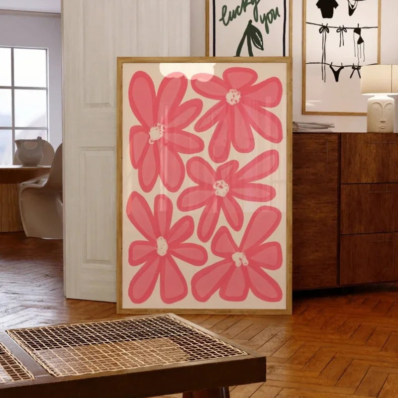 affiche murale fleurs roses moderne minimaliste toile sans cadre chambre coucherDecorationMuraleFleursSimpleSymétriqueOpaque