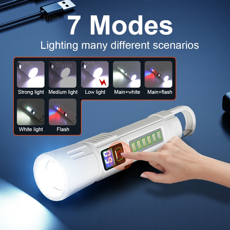 lampe torche blanc moderne résistante chocs zoom télescopique affichage led modes camping