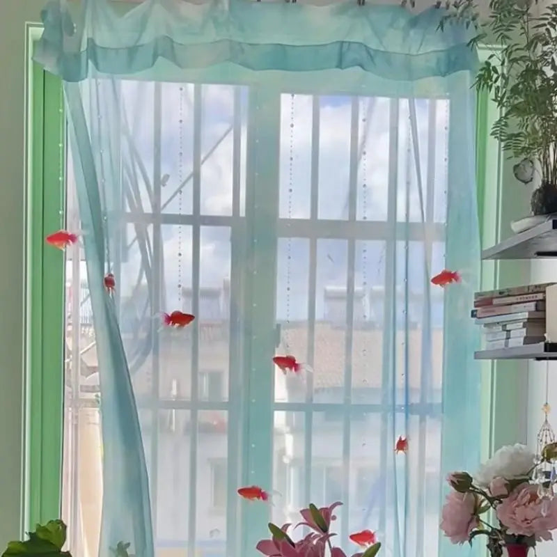 rideau bleu clair pois rouge polyester transparent moderne 100x250cm chambre salon decoration