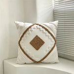 coussin brodé polyester moderne bohème motif géométrique blanc beige bleu gris marron 45x45cm