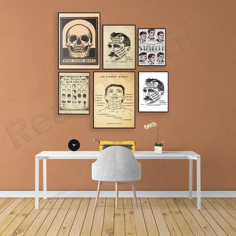 Un bureau minimaliste avec des affiches vintage de coiffure et de rasage.