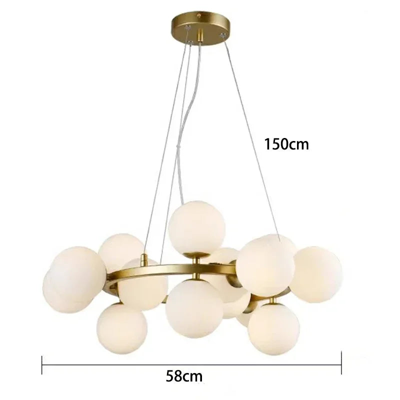 luminaire suspension moderne boules sphériques translucides métal doré blanc argent ampoules filament