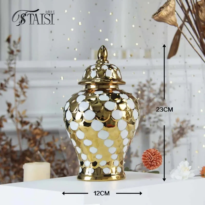 vases décoratifs modernes or blanc argentés motifs ronds couvercles assortis