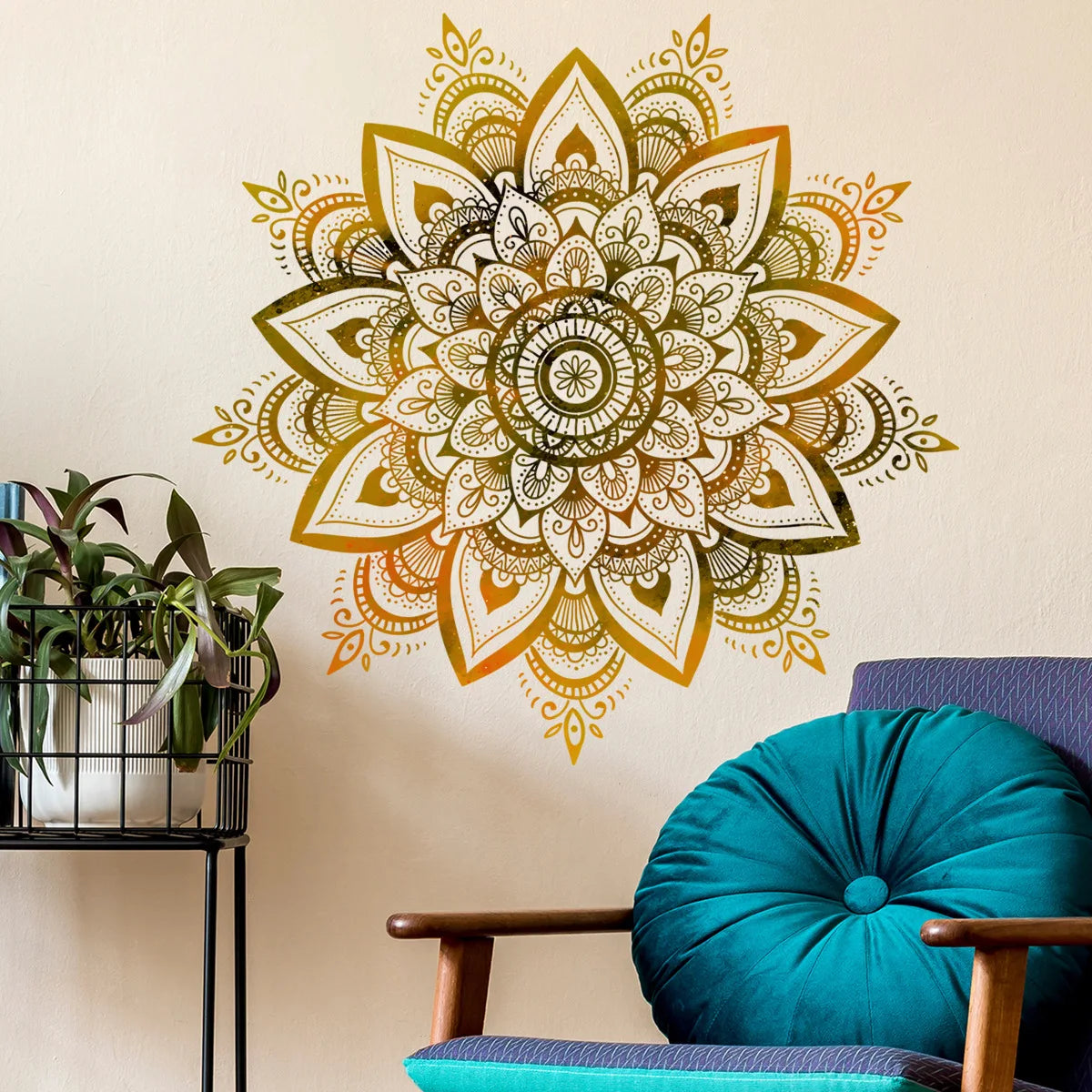 sticker mural mandala complexe doré beige ethnique boho chic adhésif salon chambre décoration murale