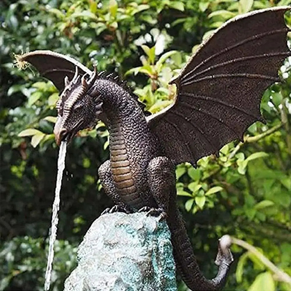 fontaine décoration extérieure dragon bronze ailes écailles eau médiévale fantastiqueextérieur jardin résine