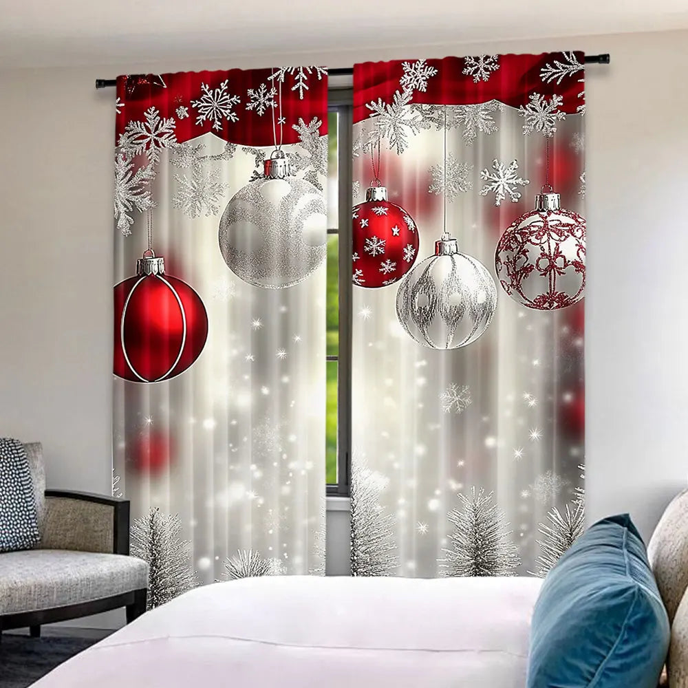 rideau festif boules noël flocons neige rouge blanc translucide 75x166cm 105x230cm 130x210cm