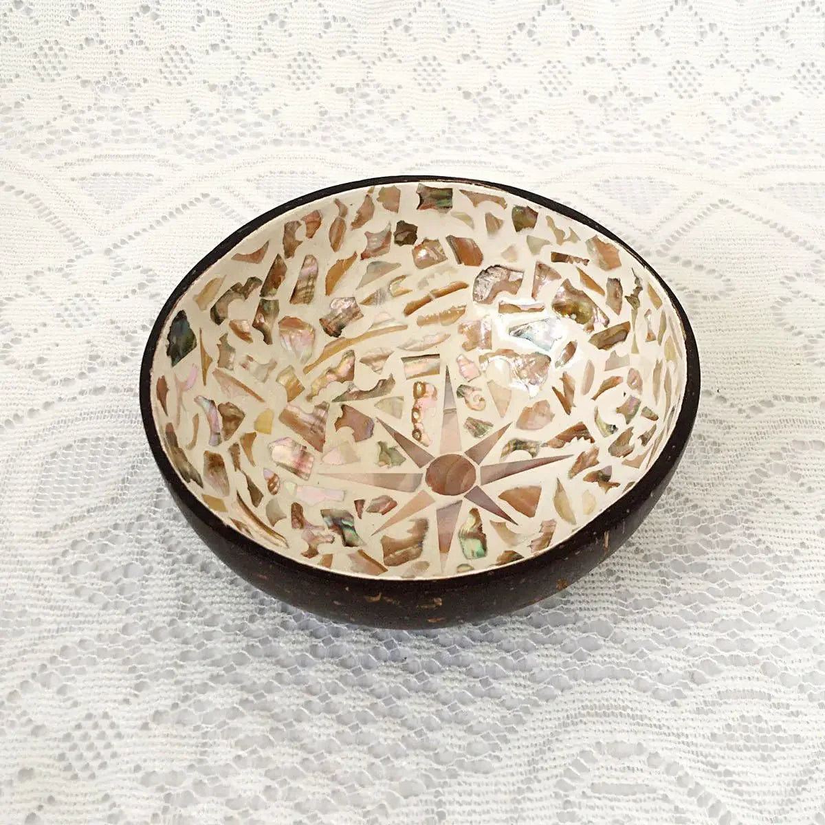bol décoratif coquille coco artisanal mosaïque bois rangement bijoux clés maison