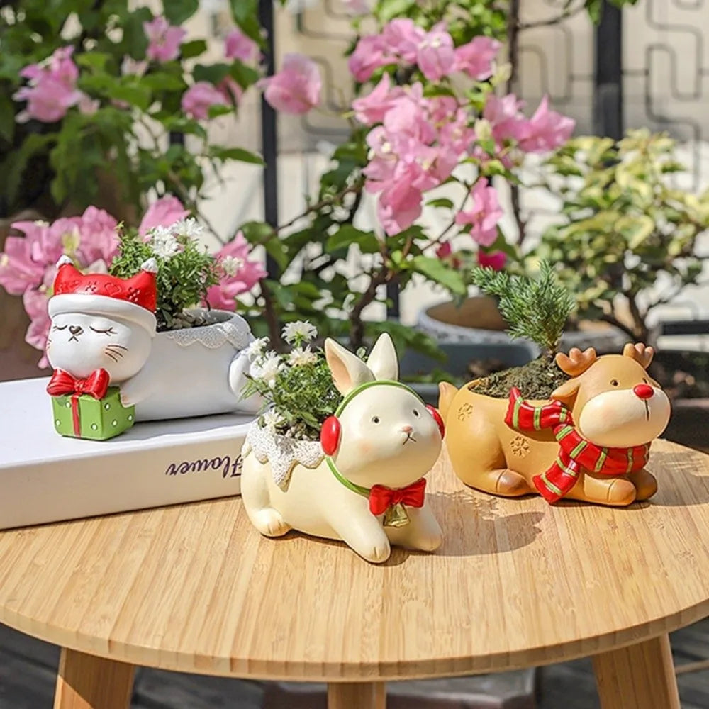 cache pot résine forme chien tortue lapin décoration table plantes animaux vert marron gris