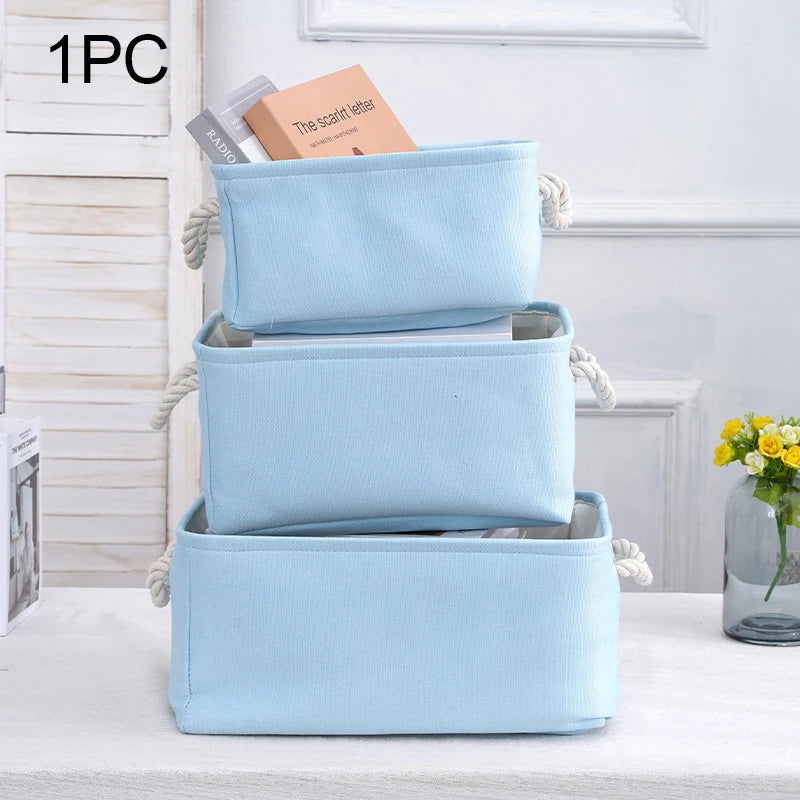 boîtes rangement lin bleu clair rose pâle vert pastel poignées corde respectueux environnement moderne
