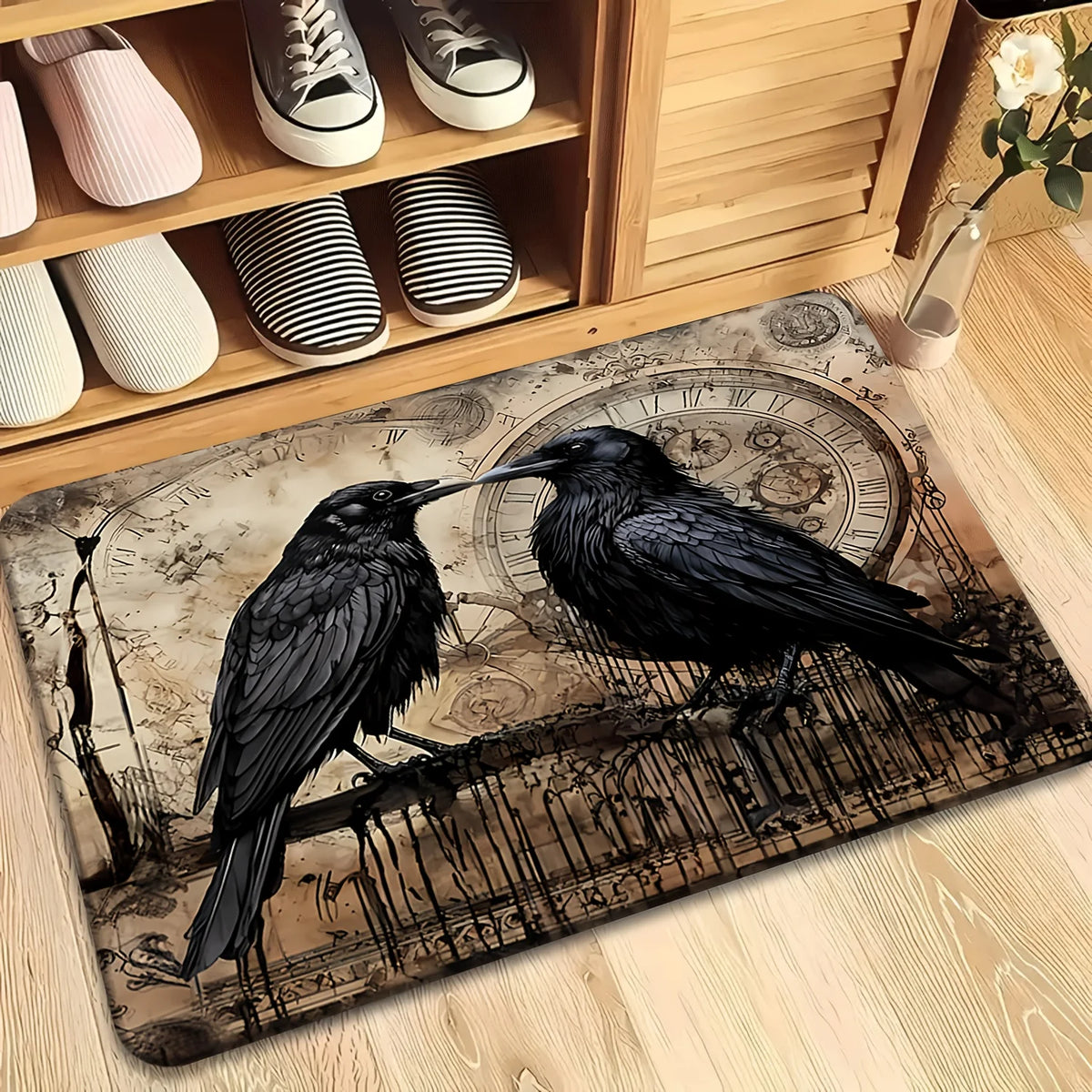 tapis noir oiseaux horloge vintage romantique salon résistant décoloration polyester